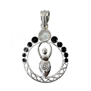 STERLING SILVER - PENDANT GODDESS WITH MOON PHASES RAINBOW MOONSTONE 2.17"L