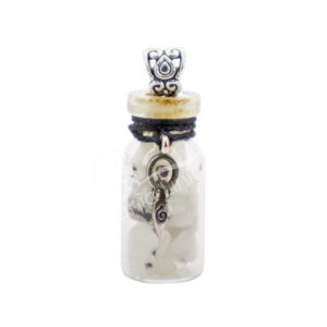 NECKLACE - CHIPS STONES IN BOTTLE MOONSTONE, RAINBOW WITH GODDESS 1.5"H