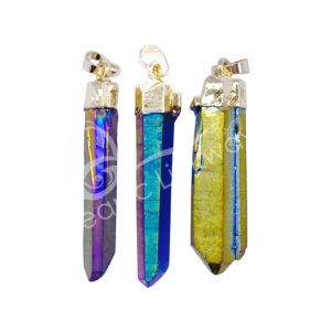 PENDANT - POINT ROUGH CRYSTAL QUARTZ PLATED BLACK RAINBOW WITH CAP (SET OF 3) 1.75-2.25"