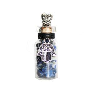 Lapis Lazuli Chips Stones in Bottle with Hand of Fatima Charm Necklace