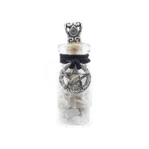 NECKLACE - CHIPS STONES IN BOTTLE MOONSTONE, BLACK WITH PENTACLE 1.5"H