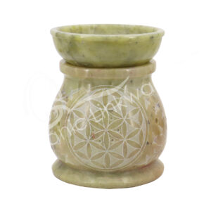 OIL BURNER - SOAPSTONE, NATURAL WITH FLOWER OF LIFE 4"DIA X 5"H