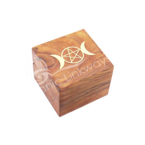 BOX - ACACIA WOOD TRIPLE MOON PENTACLE BRASS INLAYED 2.5"