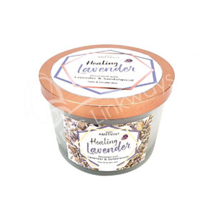 Lavender Aromatherapy Candle for Healing Decorated with Amethyst Chips Stones, Lavender Flowers & Sandalwood Chips 3"H X 3.25"Dia.