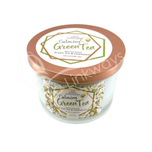Green Tea Aromatherapy Candle Calming Decorated with Green Aventurine Chips Stones, Green Tea & Chamomile Flowers 3"H X 3.25"Dia.