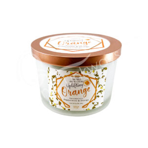 Orange Aromatherapy Candle Uplifting Decorated with Orange Aventurine Chips Stones, Orange Peels & Peppermint Leaves 3"H X 3.25"Dia.