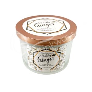 Ginger Aromatherapy Candle Vitality Decorated with Rosemary Branches & Pieces of Ginger & Bloodstone Chips Stones 3"H X 3.25"Dia.