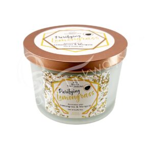 Lemongrass Aromatherapy Candle for Purifying Decorated with Black Tourmaline Chips Stones, Lemongrass & Marigold Flowers 3"H X 3.25"Dia.