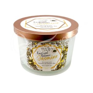 Jasmine Aromatherapy Candle Emotional Balance Decorated with Green Moss Agate Chips Stones, Green Tea & Jasmine Flowers 3"H X 3.25"Dia.
