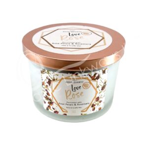 Rose Aromatherapy Candle for Love Decorated with Rose Quartz Chips Stones, Rosemary Branches & Rose Petals 3"H X 3.25"Dia.