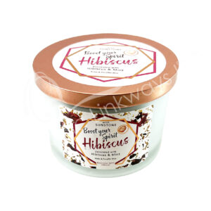 Hibiscus Aromatherapy Candle Boost your Spirit Decorated with Sunstone Chips Stones, Mint & Hibiscus Flowers 3"H X 3.25"Dia.