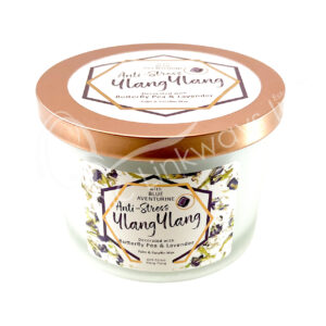 Ylang Ylang Aromatherapy Candle for Anti-Stress Decorated with Blue Aventurine Chips Stones, Butterfly Pea & Lavender Flowers 3"H X 3.25"Dia.