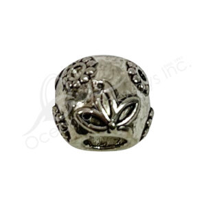 (CLOSE OUT) BEADS - METAL ROUND WITH FLOWERS EMBOSSED (PK 10) 9 MM L X 7 MM DIA