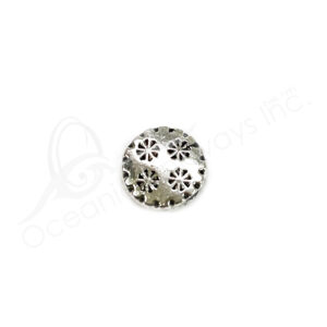 (CLOSE OUT) BEADS - METAL ROUND FLAT WITH FLOWERS (PK 18) 1 CM D X 3 MM T