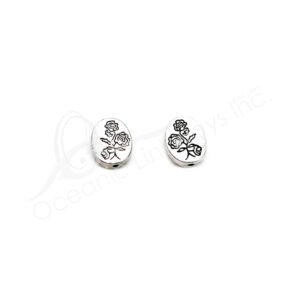 (CLOSE OUT) BEADS - METAL OVAL FLAT WITH ROSES (PK 100) 12 MM L X 3 MM T