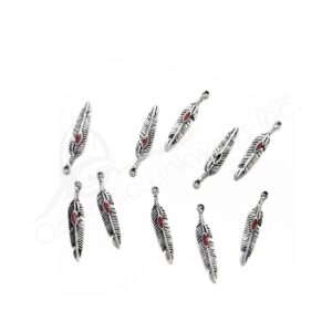 (CLOSE OUT) BEADS - METAL FEATHER WITH RED ACCENT (PK 10) 2.5 CM L X 2 MM T