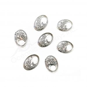 (CLOSE OUT) BEADS - METAL OVAL WITH FLOWERS (PK 50) 28 MM L X 1 MM T