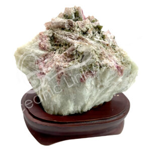 SPECIMEN - TOURMALINE GREEN & PINK A IN MATRIX ON WOOD BASE 3-7"