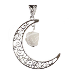 PENDANT - MOON WITH HANGING MOONSTONE, RAINBOW 2"