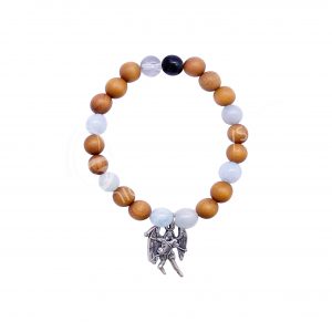 (CLOSE OUT) BRACELET - WOOD ARCHANGEL MICHAEL PROTECTION AQUAMARINE (8-8.5 MM) 7.15-7.25"