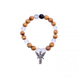 (CLOSE OUT) BRACELET - WOOD ARCHANGEL RAZIEL SPIRITUAL UNDERSTANDING CRYSTAL QUARTZ (8-8.5 MM) 7.15-7.25"