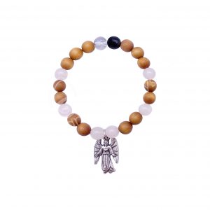 (CLOSE OUT) BRACELET - WOOD ARCHANGEL CAMAEL LOVE ROSE QUARTZ (8-8.5 MM) 7.15-7.25"