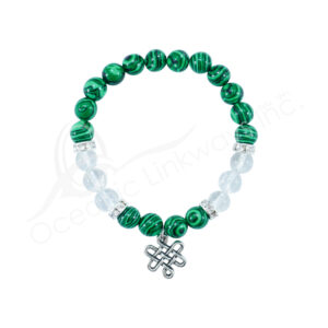 (CLOSE OUT) BRACELET - MALACHITE, SYNTHETIC & CRYSTAL QUARTZ CELTIC KNOT (8-8.5 MM) 7.15-7.25"