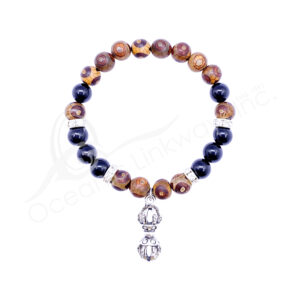 Tibetan Agate & Black Tourmaline Bracelet with Dorjee Charm.