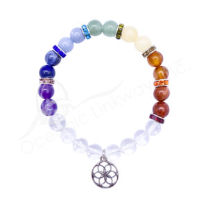 BRACELET - CHAKRA & CRYSTAL QUARTZ WITH SEED OF LIFE (8-8.5 MM) 7.15-7.25"