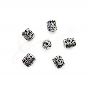 (CLOSE OUT) BEADS - METAL TUBE WITH FLOWERS OPENINGS (PK 20) 14 MM L X 13 MM DIA