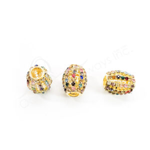 (CLOSE OUT) BEADS - METAL GOLD OVAL WITH MULTICOLOR SPARKLING (PK 3) 13 MM DIA X 21 MM L