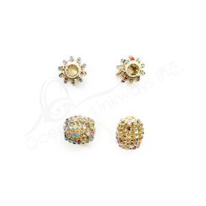 (CLOSE OUT) BEADS - METAL GOLD TUBE WITH MULTICOLOR SPARKLING (PK 4) 12 MM DIA X 17 MM L