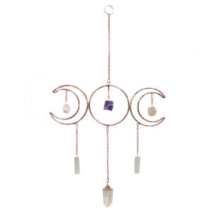 Triple Moon with Stones Hanging with Silver Metal Wire 14"H X 9"W