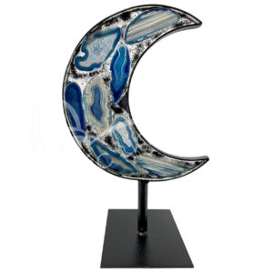 Blue Agate Moon on Black Metal Stand