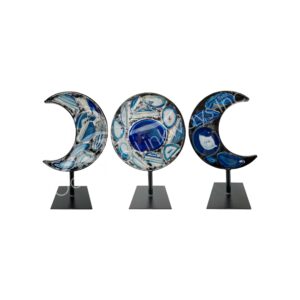 Blue Agate Triple Moon on Black Metal Stands