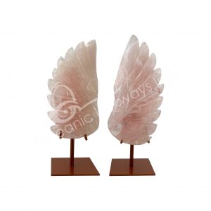 Pair of Rose Quartz Angel Wing on Metal Stand