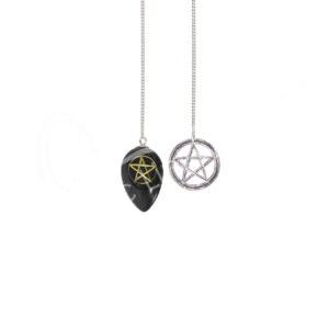 PENDULUM - TEARDROP OYNX, BLACK ENGRAVED PENTACLE PLAIN CHAIN 9"L