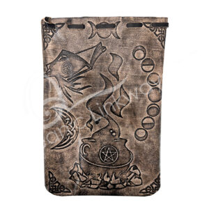 Brown Leather Bag with Cauldron, Pentacle, Moon and Moon Phase