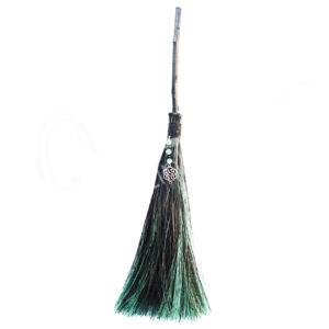 Black & Green Witch's Broom with Green Aventurine Chips Stones & Celtic Knot 18"L