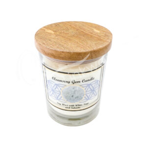 Sage Soy Wax Candle Decorated with Selenite Chips Stones for Cleansing 4"H X 3.25" Diameter