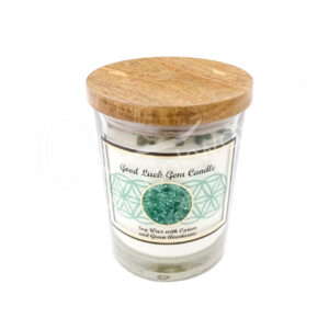 Opium Soy Wax Candle Decorated with Green Aventurine Chips Stones for Good Luck 4"H X 3.25" Diameter
