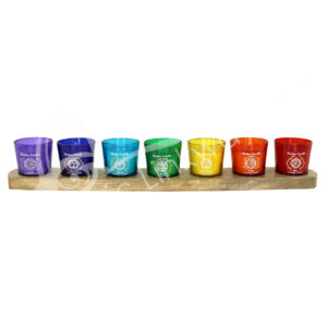 Chakra Votive Candles Set on Wood Base Lavender Scented Set of 7 20"L X3"W X 3"H