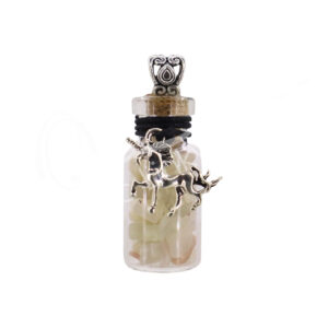 Multi Moonstone Chips Stones in a Bottle Necklace with a Unicorn Charm
