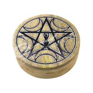BOX - WOOD CRYSTAL GRID MOONS, GODDESS & PENTACLE 2"H X 6"DIA.