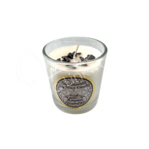 Sandalwood Scented Votive Candle made of Soy Wax & Decorated with Hematite Chips Stones for Grounding in a Pop Up Display 2.25-2.5"H X 2.25"Dia.