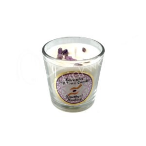 Lavender Scented Votive Candle made of Soy Wax & Decorated with Amethyst Chips Stones for Healing in a Pop Up Display 2.25-2.5"H X 2.25"Dia.