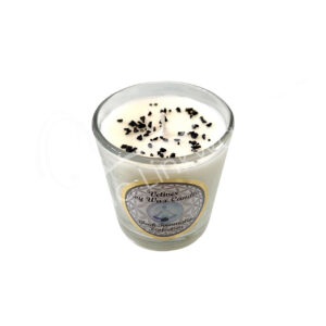 Vetiver Scented Votive Candle made of Soy Wax & Decorated with Black Tourmaline Chips Stones for Protection in a Pop Up Display 2.25-2.5"H X 2.25"Dia.