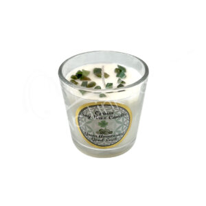 Opium Scented Votive Candle made of Soy Wax & Decorated with Green Aventurine Chips Stones for Good Luck in a Pop Up Display 2.25-2.5"H X 2.25"Dia.