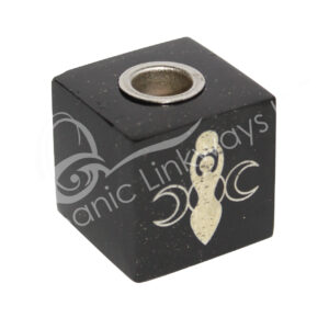 Black Onyx Cube-Shaped Mini Candle Holder with engraved Goddess & Triple Moon