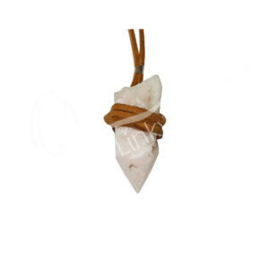 NECKLACE - POINT CALCITE, PINK MANGANO WRAPPED WITH LEATHER CORD 14-15"L
